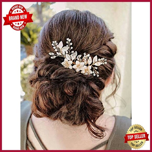 Handmade Wedding Hair Comb Set with Crystal Flowers and Gold Leaves